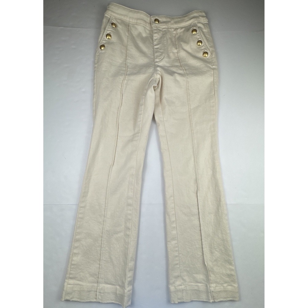 Talbots Womens Flare Jeans 6P Ivory Denim Nautical Sailor Gold Button Coastal - Picture 2 of 10